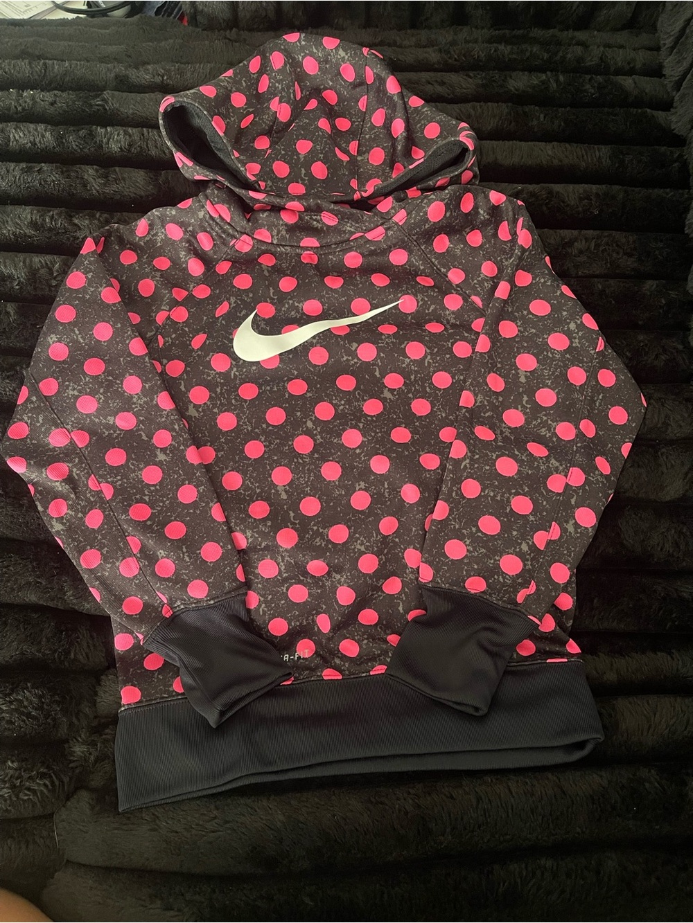 Nike Black Hoodie with Pink Polka Dots and White Swoosh